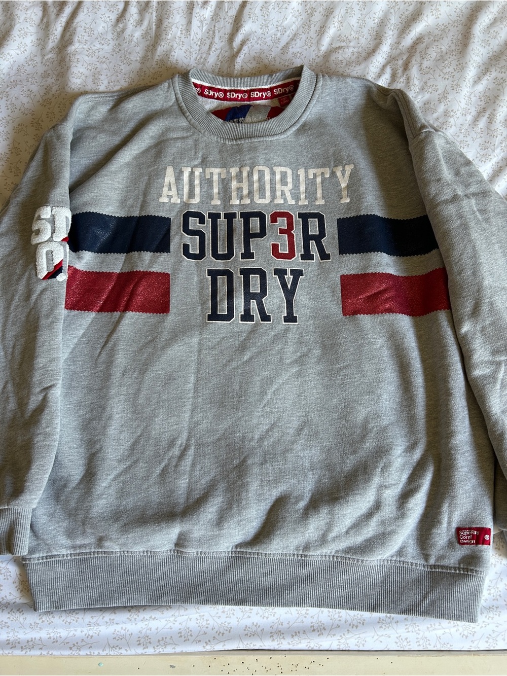 Superdry Grey Crewneck Sweatshirt with Navy & Red Stripes